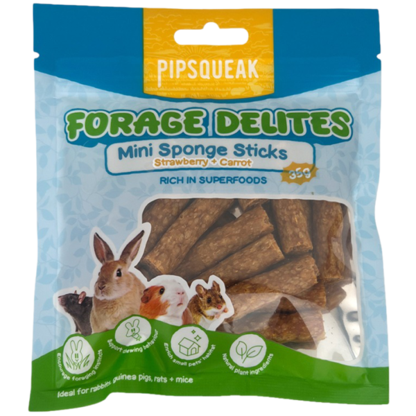 Pipsqueak Forage Delites Mini Sponge Sticks Strawberry Carrot Small Pet Treat – 35g