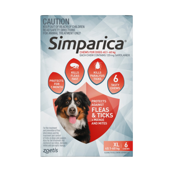 Simparica for Extra Large Dogs 40.1–60kg (Red) Flea & Tick Chewables – 6 Pack