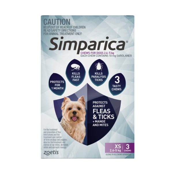 Simparica for Extra Small Dogs 2.6–5.0kg (Purple) Flea & Tick Chewables – 3 Pack