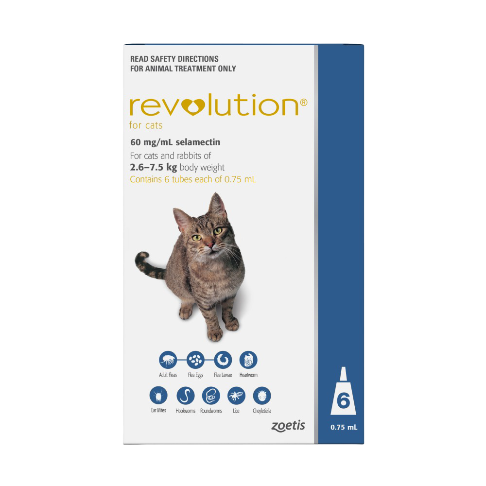 Revolution for Cats and Rabbits 2.5–7.5kg (Blue) Fleas & Worm Pipettes - 6 Pack