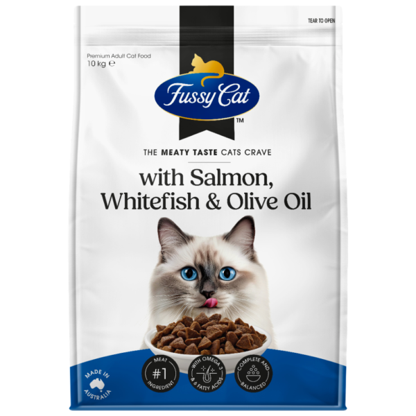 Fussy Cat Salmon Whitefish & Olive Oil Grain Free Adult Dry Cat Food – 10kg