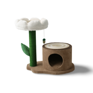 Catio Log Cat House with White Camellia Fabric Cat Scratching Tree - each