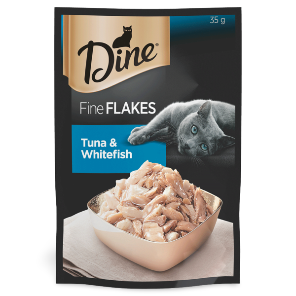 Dine Fine Flakes Tuna & Whitefish Adult Wet Cat Food Pouches – 12 x 35g