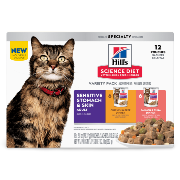 Hill’s Science Diet Adult Sensitive Skin And Stomach Variety Pack Cat Food Pouches – 12 x 79g