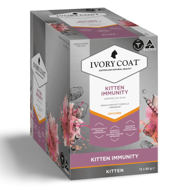 Ivory Coat Raw Health Kitten Immunity Chicken Wet Cat Food Pouch – 12 x 85g